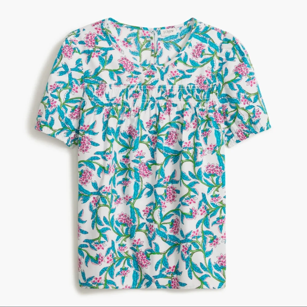 J. Crew Floral Puff Sleeve Top in White and Blue, Size XS